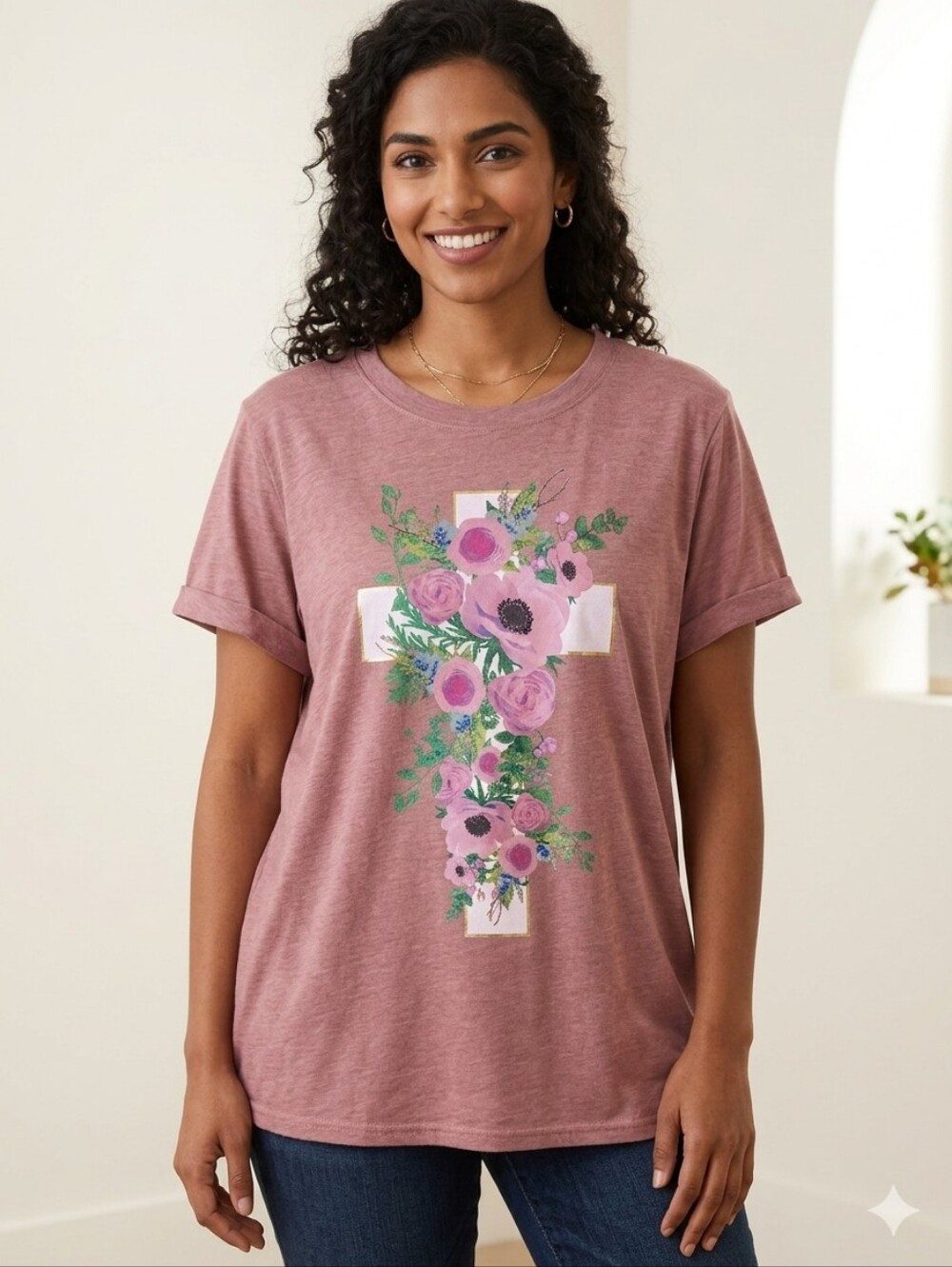 Joei & I NWOT Floral Cross Graphic Tee - Mauve Pink, Size 2X